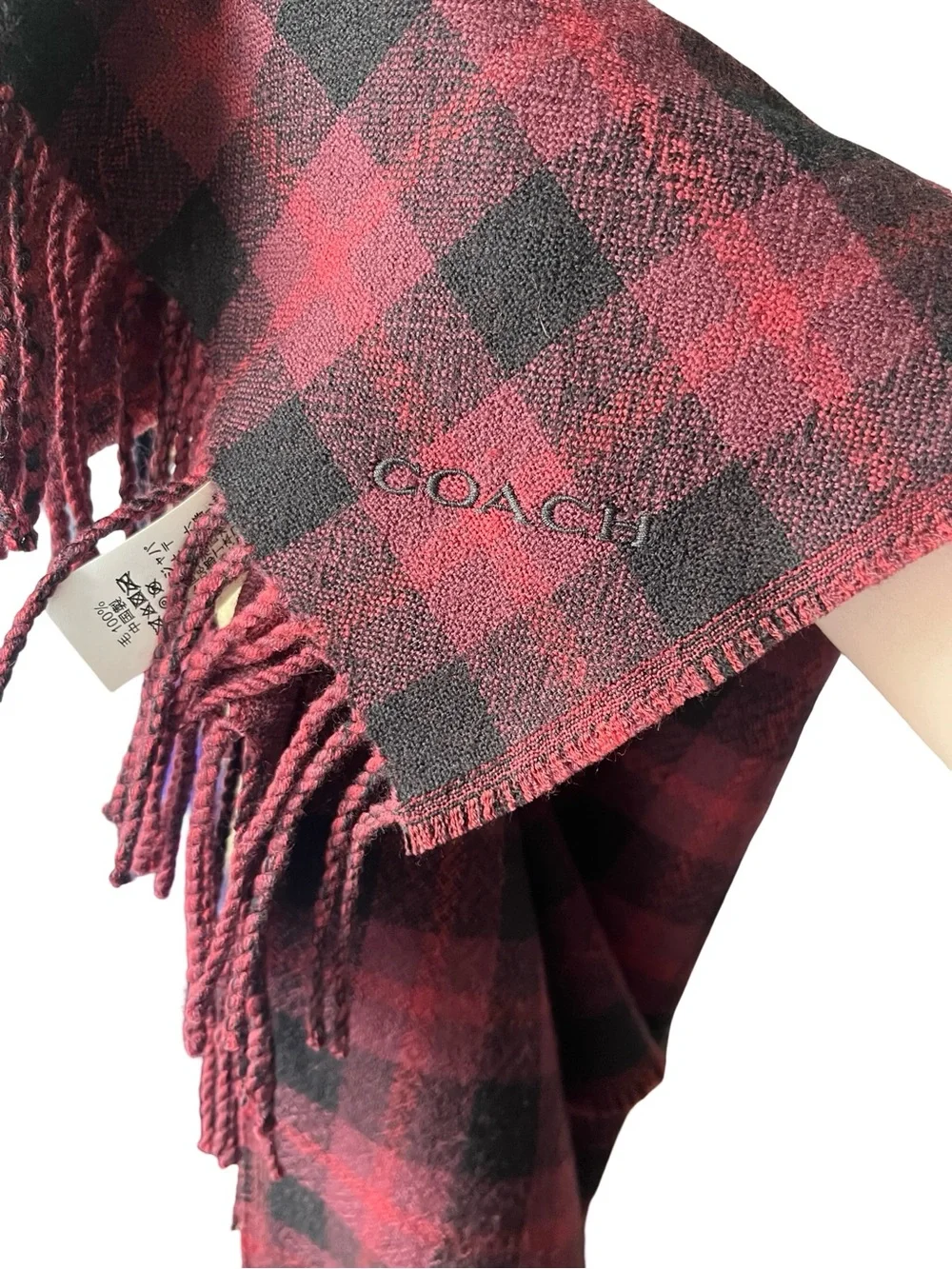 NEW Coach Scarf Reversible Signature Plaid Monogram Wool Fringe Oxblood - Picture 4 of 9